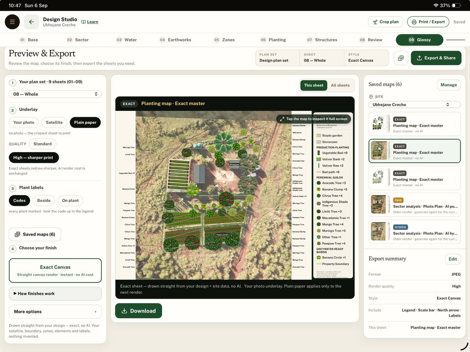 ImbewuField Design Studio example with a garden map and planting key