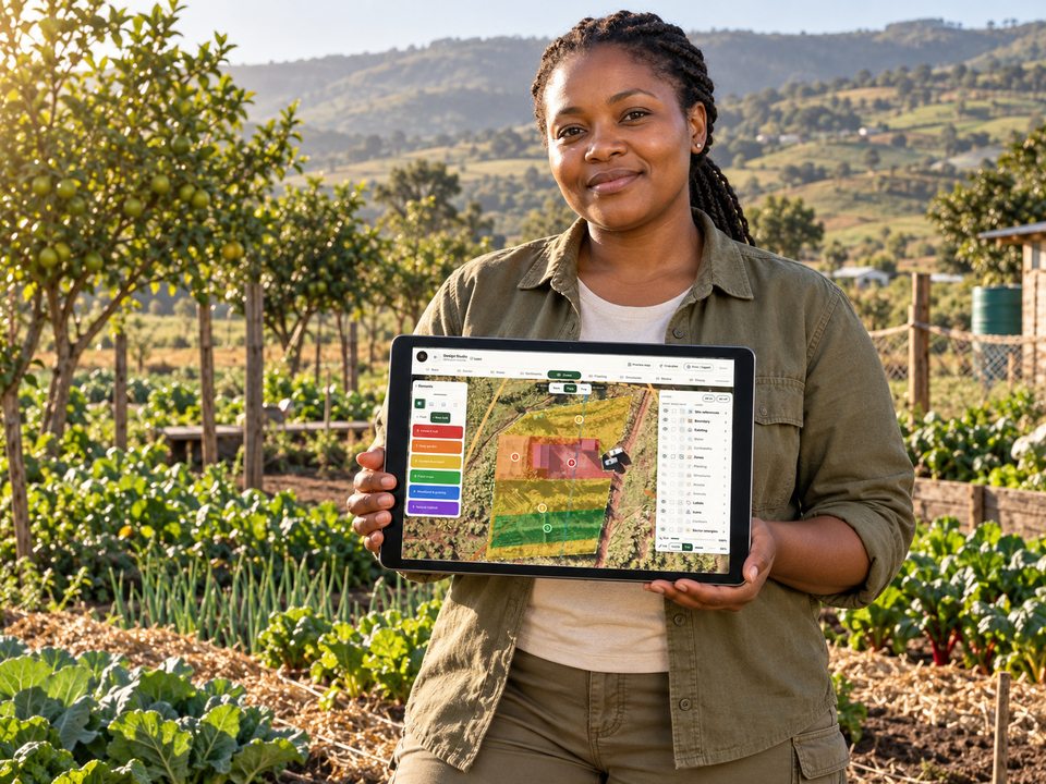 AI concept-note illustration of a grower holding a tablet with a garden design