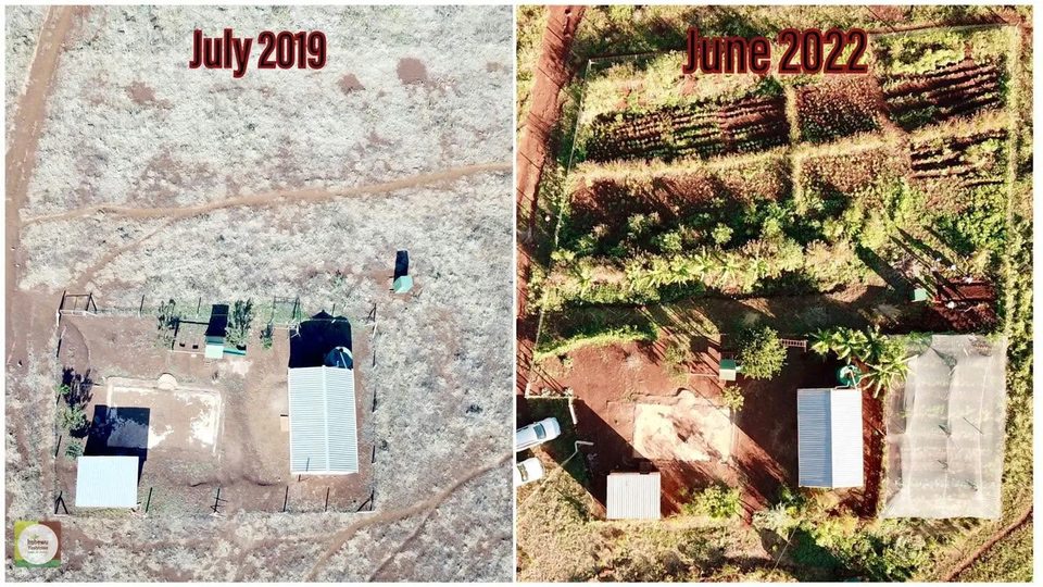 Aerial comparison of Ubhejane Crèche in KwaZulu-Natal, showing sparse ground in July 2019 and an established garden with organised beds and protected growing structures in June 2022